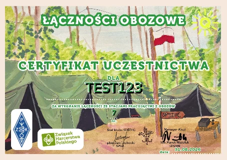 Certyfikat Udziału w AKCJI ŁĄCZNOŚCI OBOZOWE 2026 — SWL